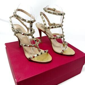 Valentino Garavani Gold Rockstud Strappy Metallic Heels Sandals EU 36